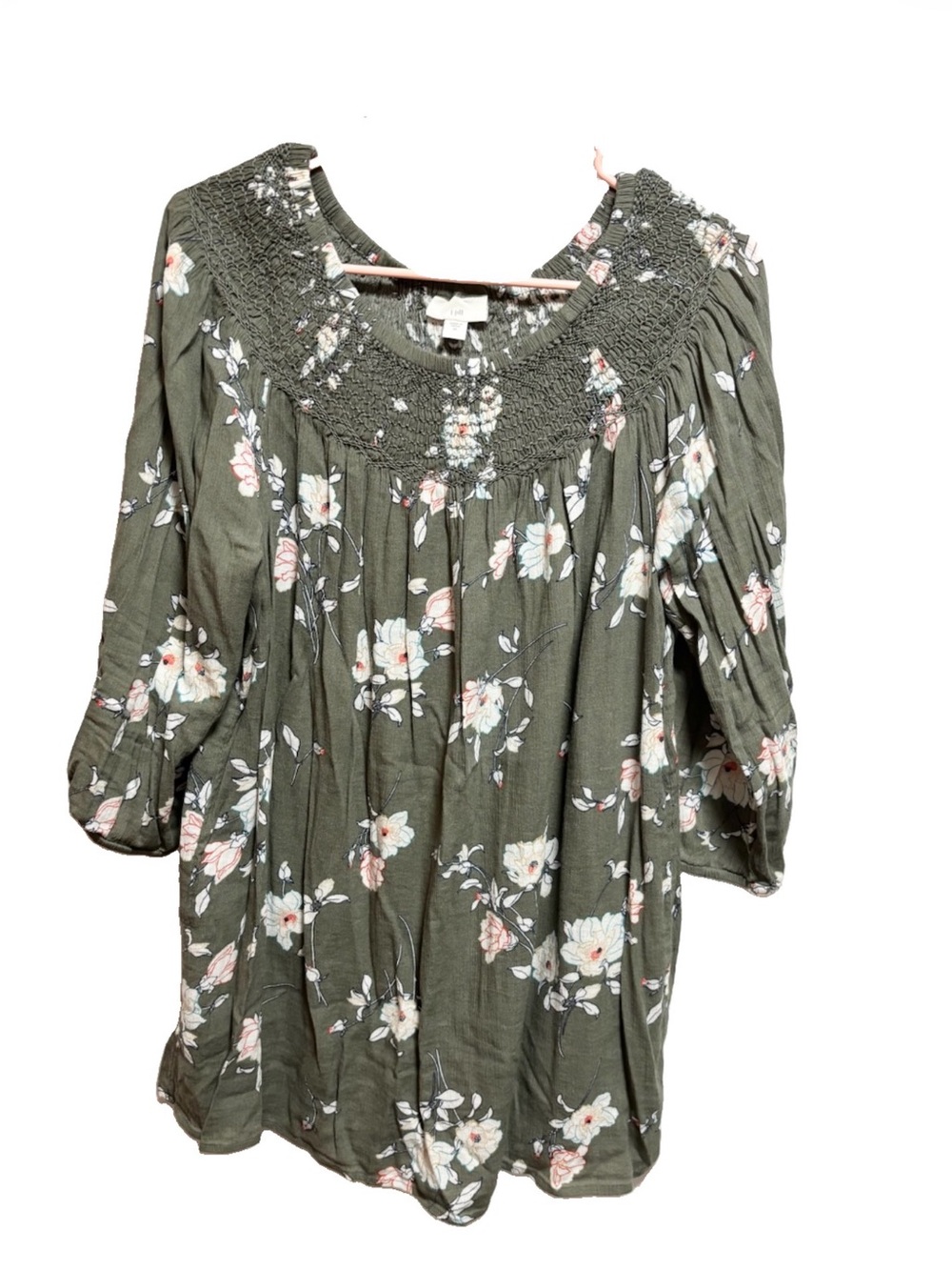 J. Jill Olive Floral Smocked Yoke Tunic